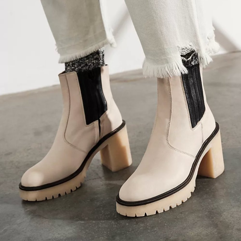 White Leather Free People James Chelsea Heeled Boots in Bone